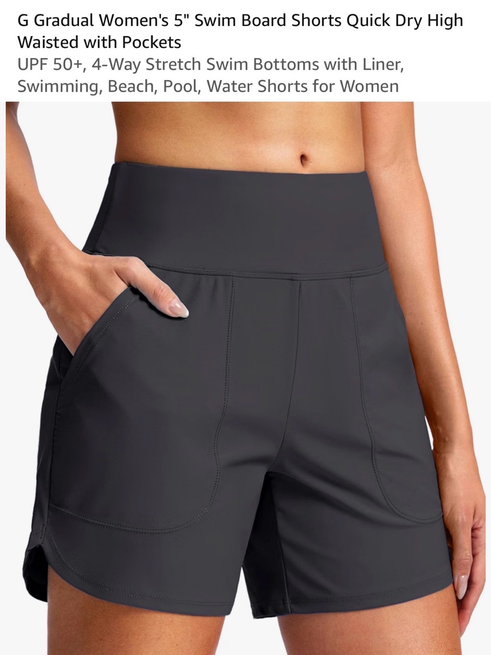 High-Waist Swim Shorts with Pockets - Charcoal